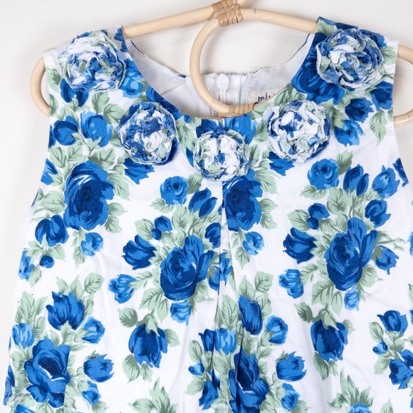 Mini Boden Floral Dress Girls 7-8Y Blue White Rose 3D Flower Applique Sleeveless - Picture 2 of 9